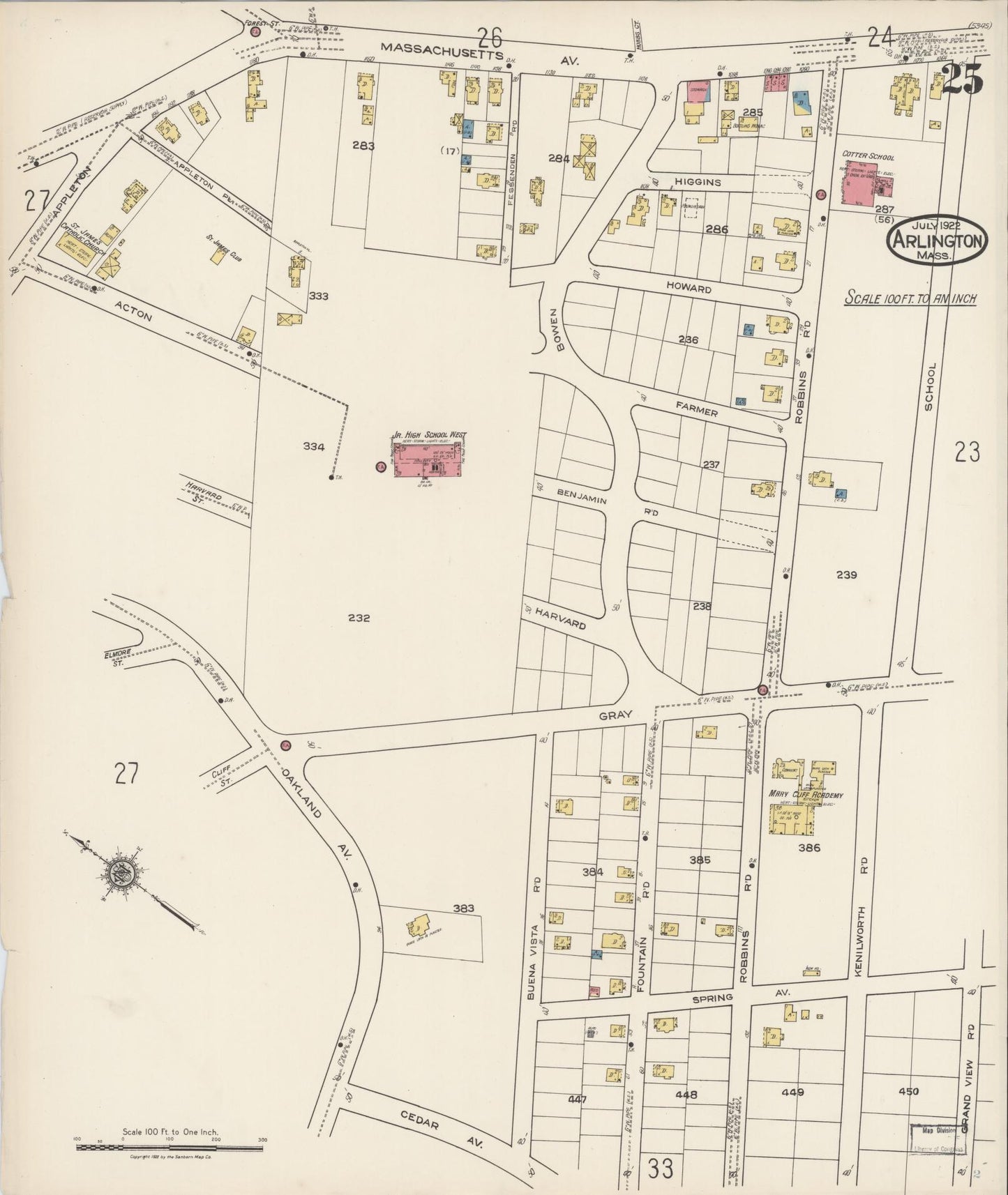 Sanborn Fire Insurance Map from Arlington, Middlesex County, Massachusetts (1922), Sheet #0025 - Complete Map Set gallery image, historic Sanborn map, vintage wall art, Massachusetts Massachusetts