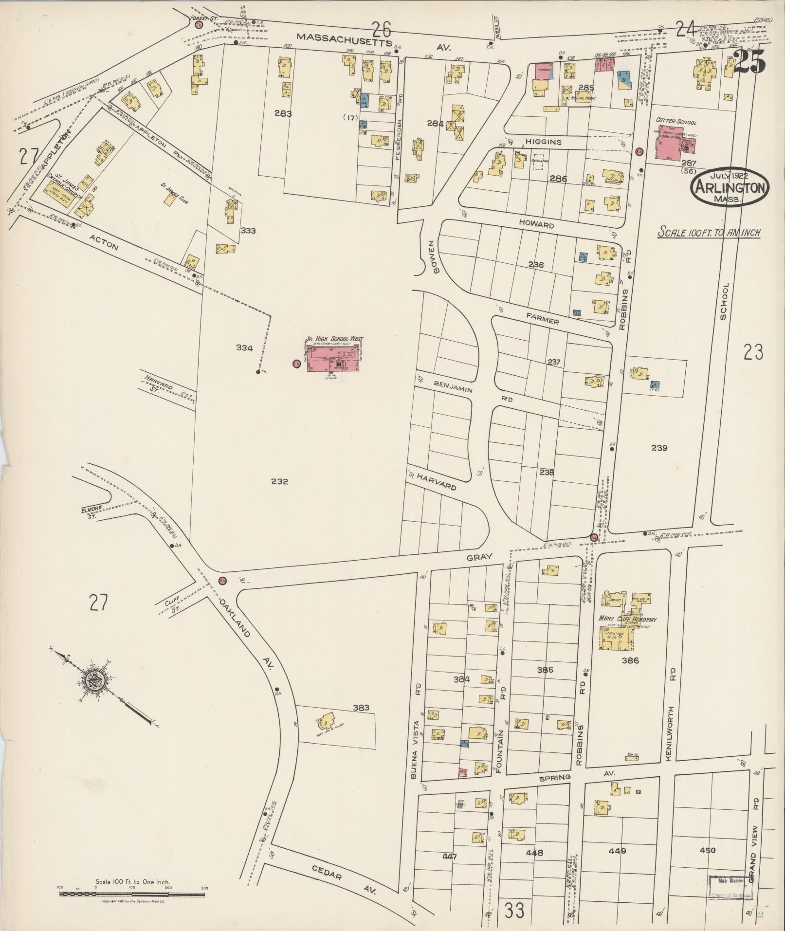 Sanborn Fire Insurance Map from Arlington, Middlesex County, Massachusetts (1922), Sheet #0025 - Complete Map Set gallery image, historic Sanborn map, vintage wall art, Massachusetts Massachusetts