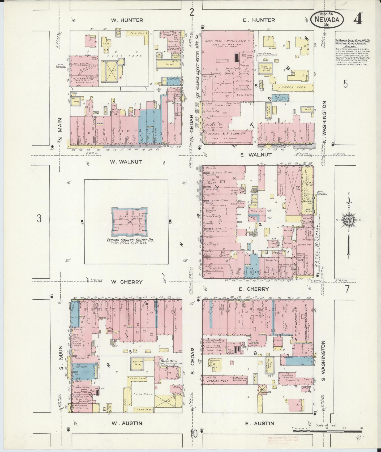 Sanborn Fire Insurance Map from Nevada, Vernon County, Missouri (1914), Sheet #0004 - Historic Sanborn Fire Insurance Map Print, vintage old map wall art, antique decor, genealogy gift, Missouri Missouri map