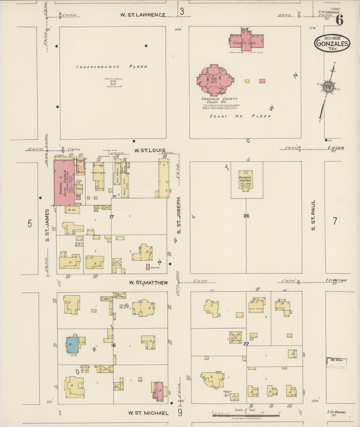 Sanborn Fire Insurance Map from Gonzales, Gonzales County, Texas (1922), Sheet #0006 - Complete Map Set gallery image, historic Sanborn map, vintage wall art, Texas Texas