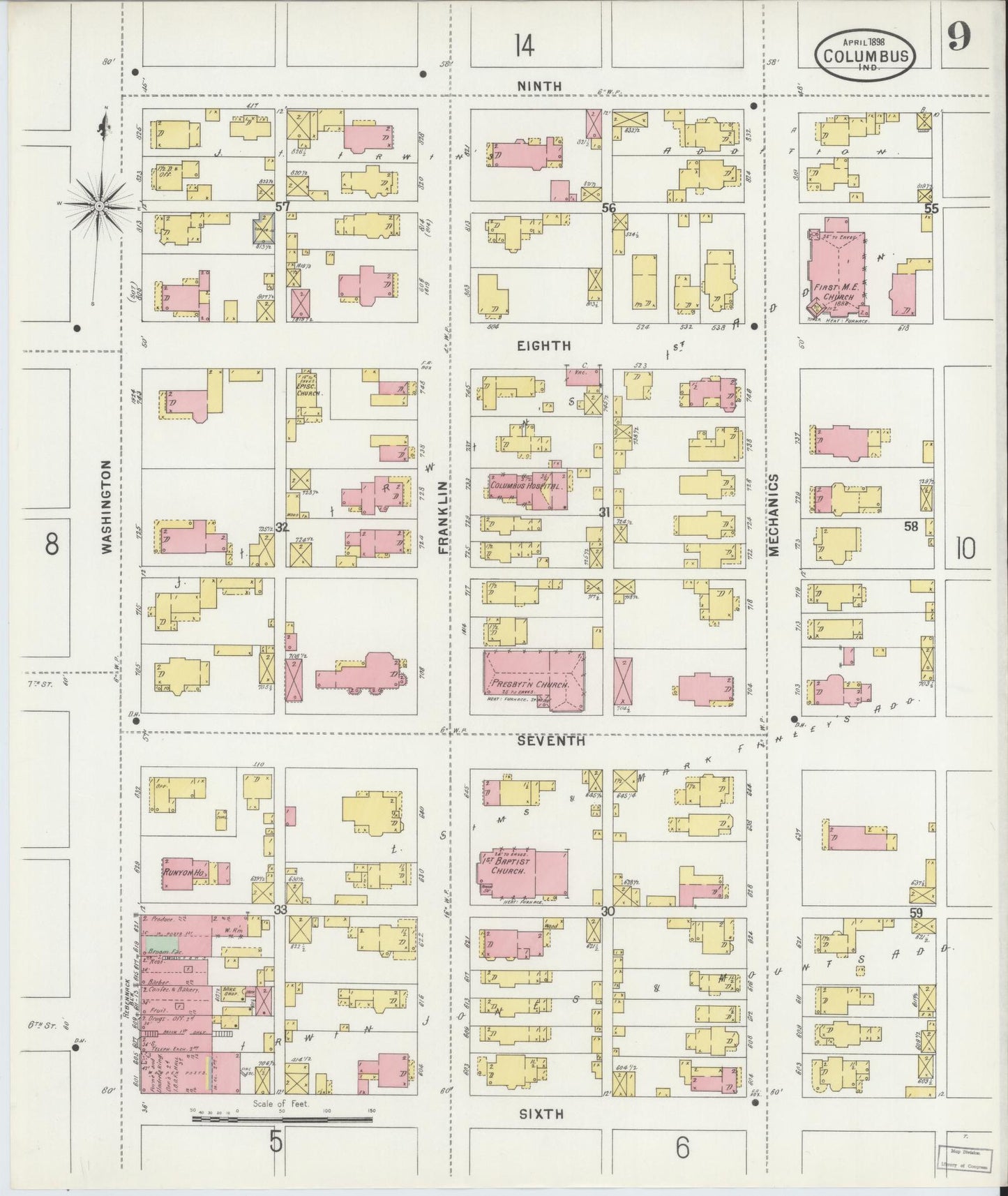Sanborn Fire Insurance Map from Columbus, Bartholomew County, Indiana (1898), Sheet #0009 - Complete Map Set gallery image, historic Sanborn map, vintage wall art, Indiana Indiana
