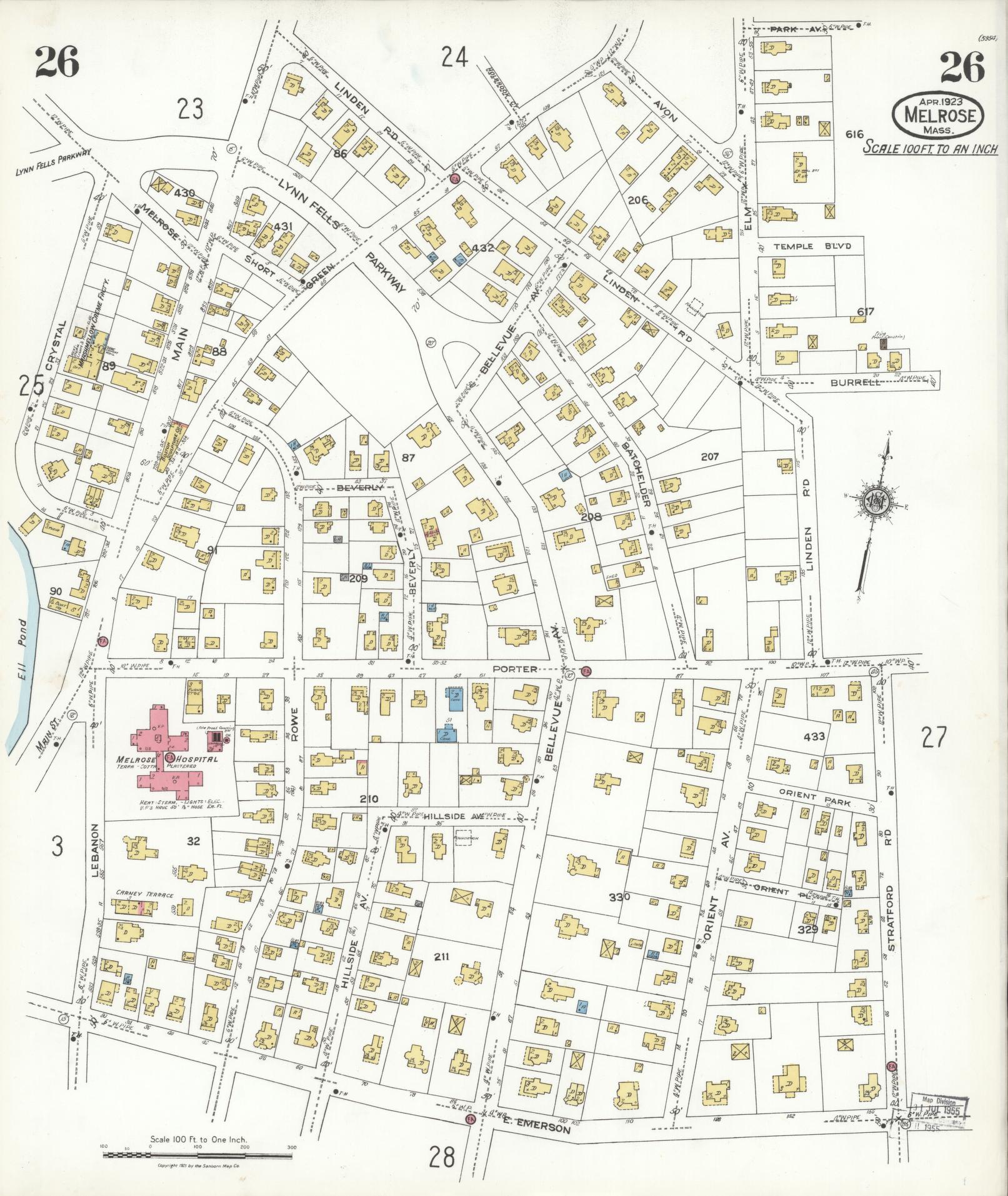 Sanborn Fire Insurance Map from Melrose, Middlesex County, Massachusetts (1923), Sheet #0026 - Historic Sanborn Fire Insurance Map Print, vintage old map wall art, antique decor, genealogy gift, Massachusetts Massachusetts map