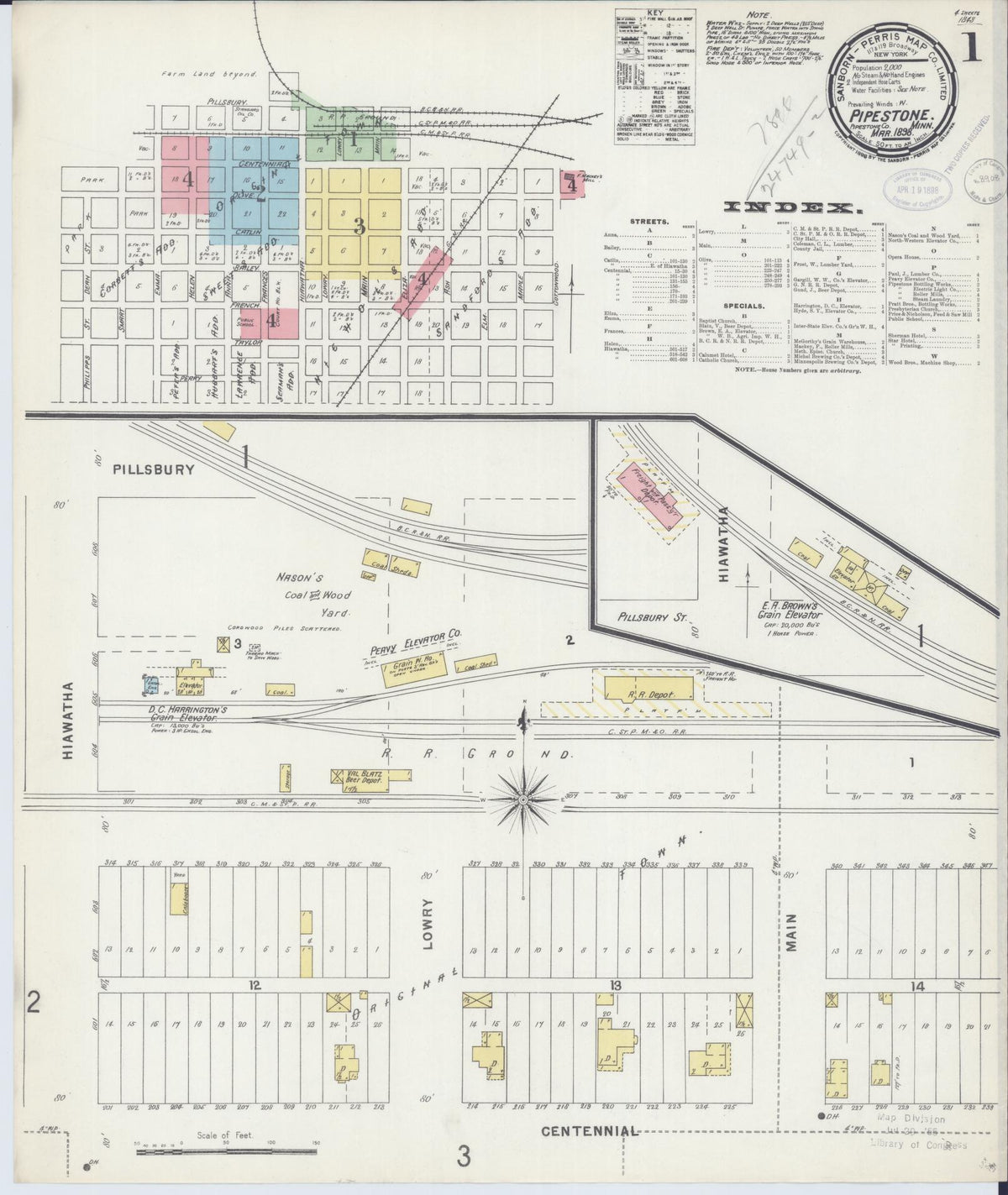 Sanborn Fire Insurance Map from Pipestone, Pipestone County, Minnesota (1898), Sheet #0001 - Historic Sanborn Fire Insurance Map Print, vintage old map wall art, antique decor, genealogy gift, Minnesota Minnesota map