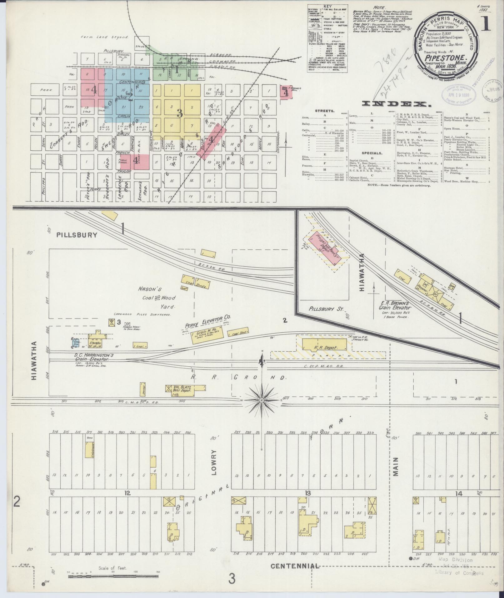 Sanborn Fire Insurance Map from Pipestone, Pipestone County, Minnesota (1898), Sheet #0001 - Historic Sanborn Fire Insurance Map Print, vintage old map wall art, antique decor, genealogy gift, Minnesota Minnesota map