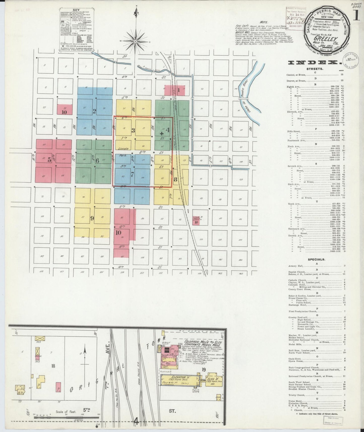 Sanborn Fire Insurance Map from Greeley, Weld County, Colorado (1901), Sheet #0001 - Historic Sanborn Fire Insurance Map Print, vintage old map wall art, antique decor, genealogy gift, Colorado Colorado map