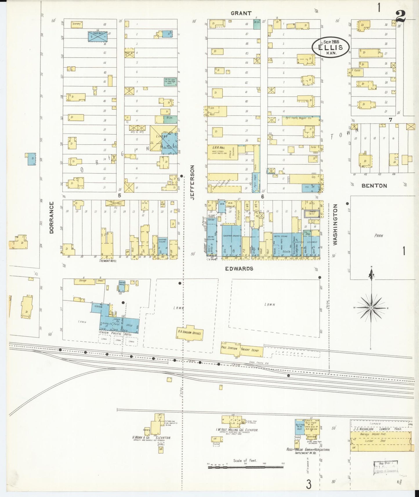 Sanborn Fire Insurance Map from Ellis, Ellis County, Kansas (1905), Sheet #0002 - Historic Sanborn Fire Insurance Map Print, vintage old map wall art, antique decor, genealogy gift, Kansas Kansas map