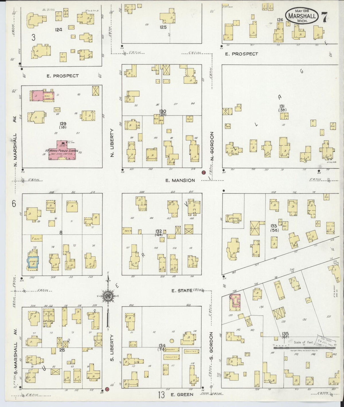 Sanborn Fire Insurance Map from Marshall, Calhoun County, Michigan (1916), Sheet #0007 - Historic Sanborn Fire Insurance Map Print, vintage old map wall art, antique decor, genealogy gift, Michigan Michigan map