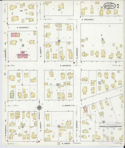Sanborn Fire Insurance Map from Marshall, Calhoun County, Michigan (1916), Sheet #0007 - Historic Sanborn Fire Insurance Map Print, vintage old map wall art, antique decor, genealogy gift, Michigan Michigan map