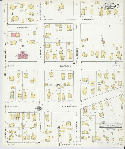 Sanborn Fire Insurance Map from Marshall, Calhoun County, Michigan (1916), Sheet #0007 - Historic Sanborn Fire Insurance Map Print, vintage old map wall art, antique decor, genealogy gift, Michigan Michigan map