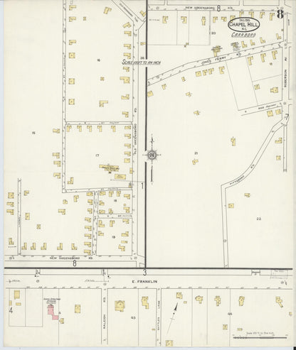 Sanborn Fire Insurance Map from Chapel Hill, Orange County, North Carolina (1915), Sheet #0008 - Historic Sanborn Fire Insurance Map Print, vintage old map wall art, antique decor, genealogy gift, North Carolina North Carolina map