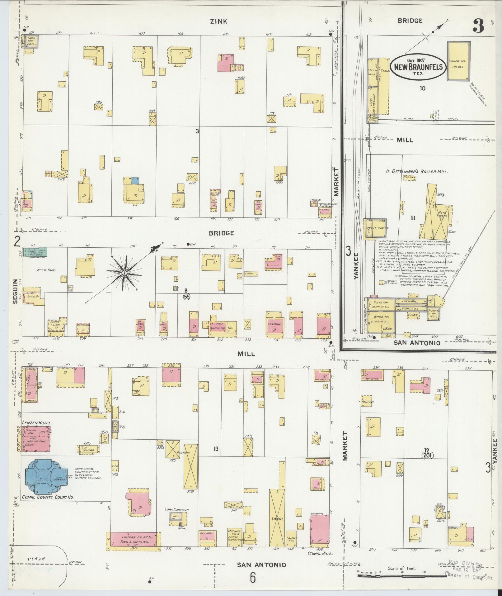 Sanborn Fire Insurance Map from New Braunfels, Comal County, Texas (1907), Sheet #0003 - Historic Sanborn Fire Insurance Map Print, vintage old map wall art, antique decor, genealogy gift, Texas Texas map