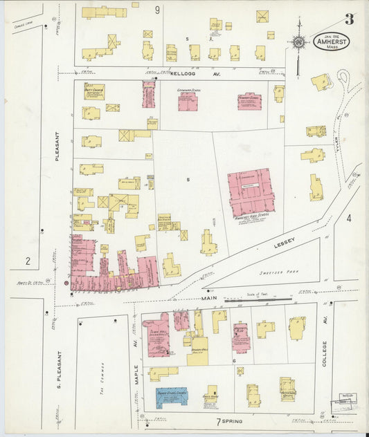 Sanborn Fire Insurance Map from Amherst, Hampshire County, Massachusetts (1916), Sheet #0003 - Historic Sanborn Fire Insurance Map Print, vintage old map wall art, antique decor, genealogy gift, Massachusetts Massachusetts map