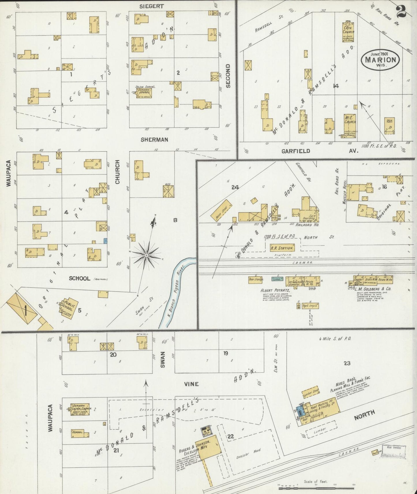 Sanborn Fire Insurance Map from Marion, Waupaca County, Wisconsin (1901), Sheet #0002 - Complete Map Set gallery image, historic Sanborn map, vintage wall art, Wisconsin Wisconsin