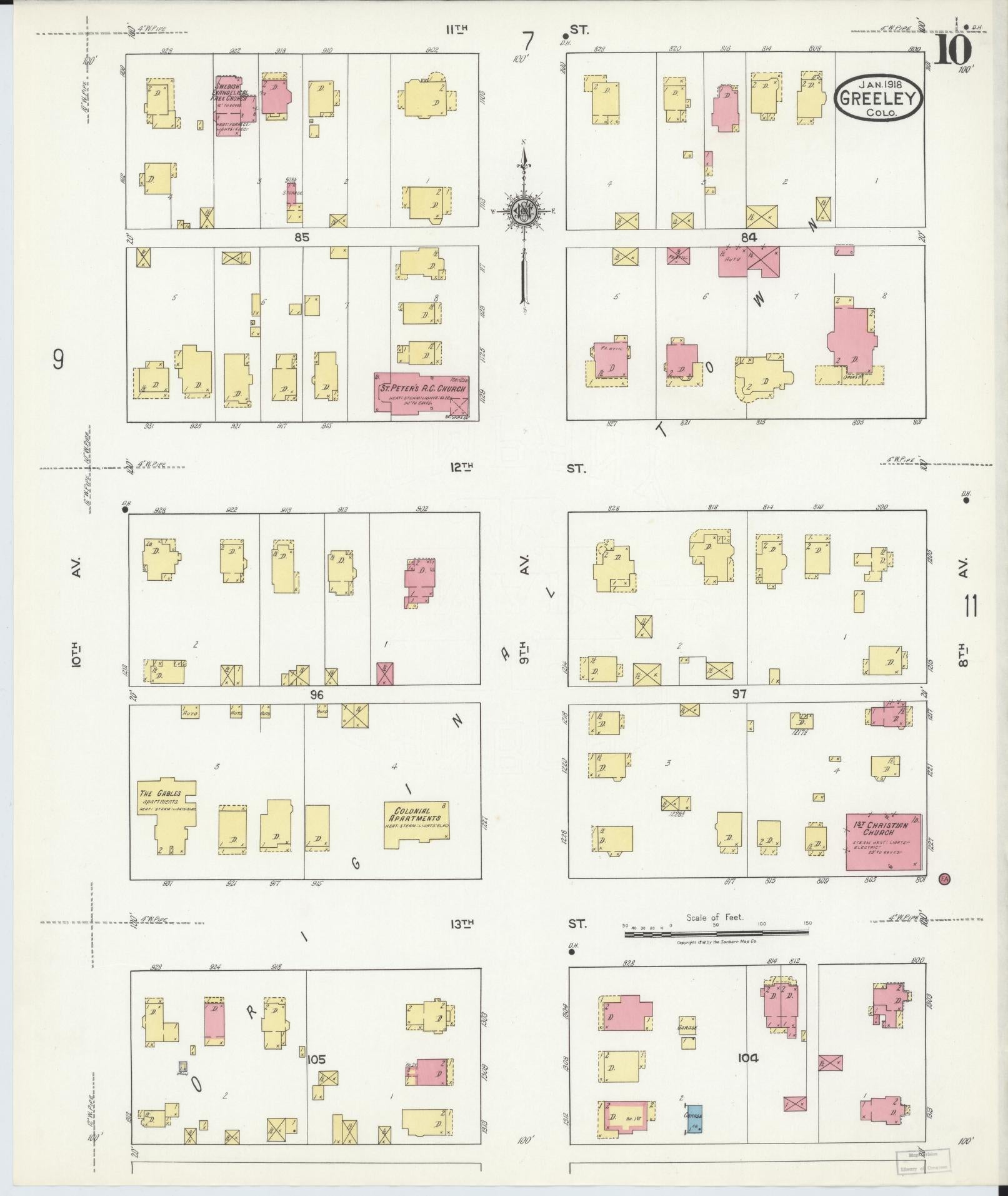 Sanborn Fire Insurance Map from Greeley, Weld County, Colorado (1918), Sheet #0010 - Historic Sanborn Fire Insurance Map Print, vintage old map wall art, antique decor, genealogy gift, Colorado Colorado map