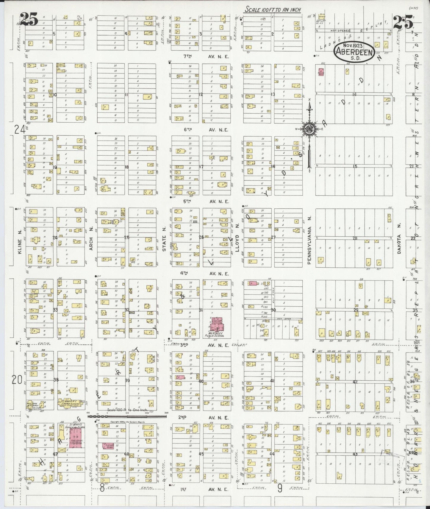 Sanborn Fire Insurance Map from Aberdeen, Brown County, South Dakota (1923), Sheet #0025 - Complete Map Set gallery image, historic Sanborn map, vintage wall art, South Dakota South Dakota
