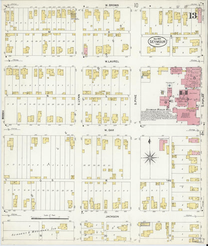 Sanborn Fire Insurance Map from Seymour, Jackson County, Indiana (1907), Sheet #0013 - Historic Sanborn Fire Insurance Map Print, vintage old map wall art, antique decor, genealogy gift, Indiana Indiana map