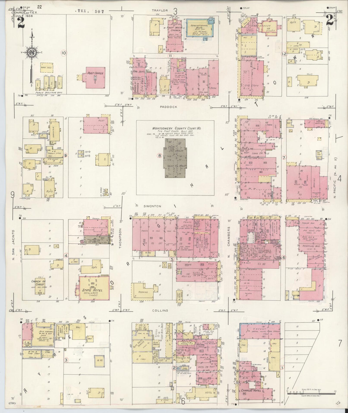 Sanborn Fire Insurance Map from Conroe, Montgomery County, Texas (1943), Sheet #0002 - Historic Sanborn Fire Insurance Map Print, vintage old map wall art, antique decor, genealogy gift, Texas Texas map
