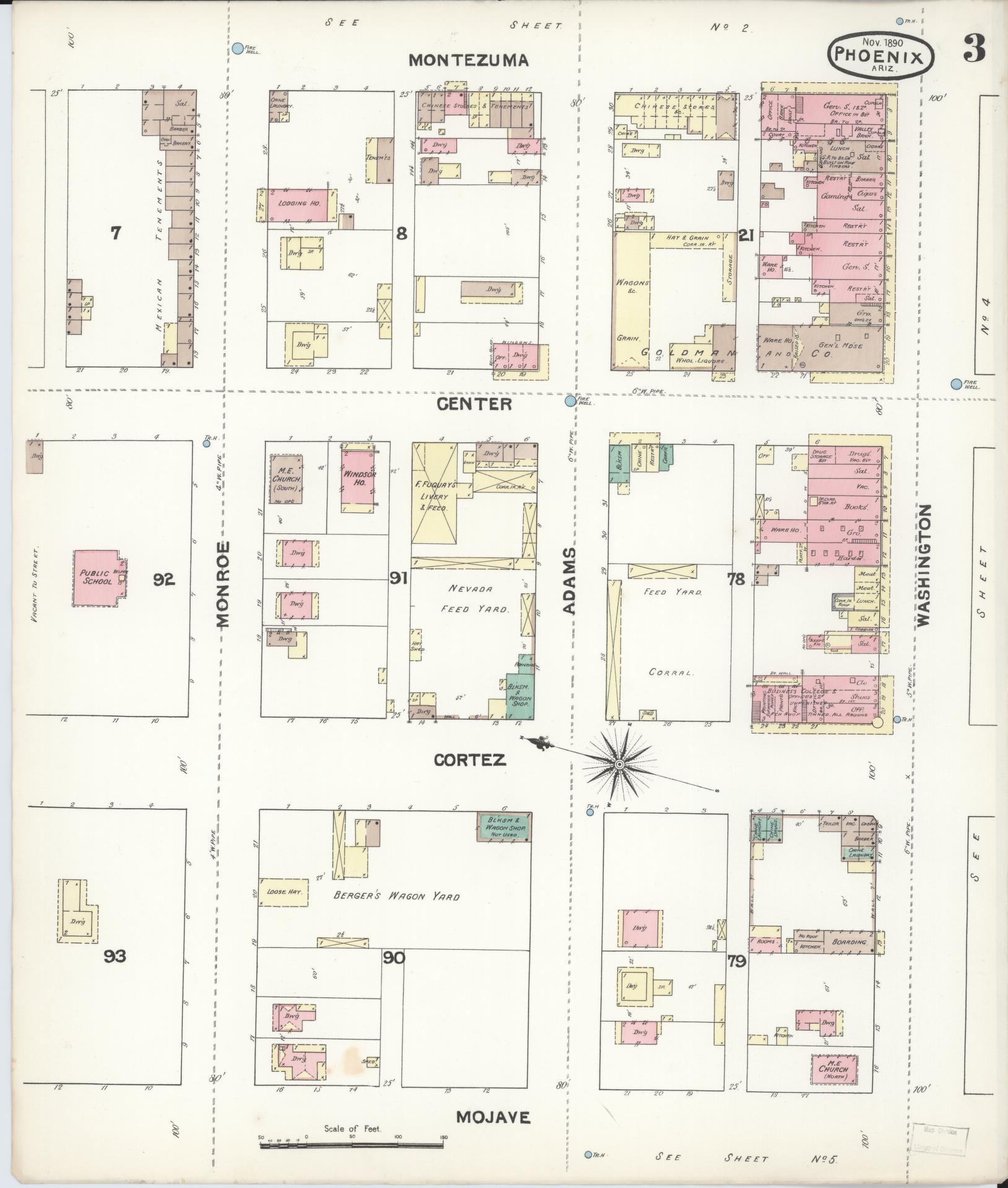 Sanborn Fire Insurance Map from Phoenix, Maricopa County, Arizona (1890), Sheet #0003 - Historic Sanborn Fire Insurance Map Print, vintage old map wall art, antique decor, genealogy gift, Arizona Arizona map