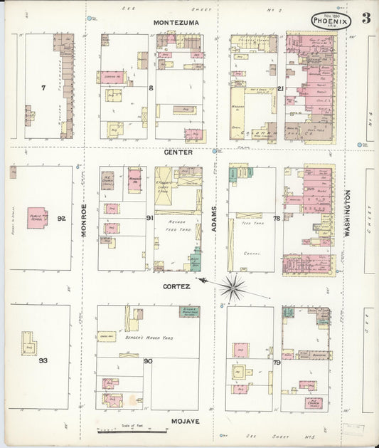 Sanborn Fire Insurance Map from Phoenix, Maricopa County, Arizona (1890), Sheet #0003 - Historic Sanborn Fire Insurance Map Print, vintage old map wall art, antique decor, genealogy gift, Arizona Arizona map