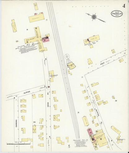 Sanborn Fire Insurance Map from Franklin, Norfolk County, Massachusetts (1911), Sheet #0004 - Historic Sanborn Fire Insurance Map Print, vintage old map wall art, antique decor, genealogy gift, Massachusetts Massachusetts map