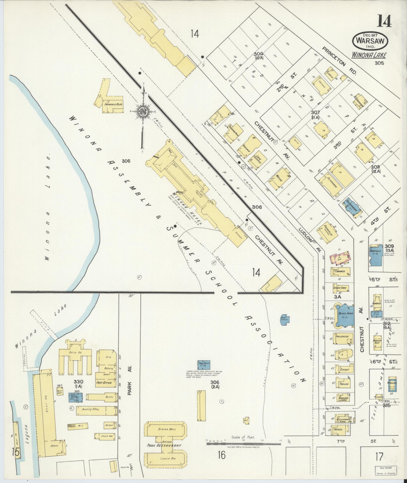 Sanborn Fire Insurance Map from Warsaw, Kosciusko County, Indiana (1917), Sheet #0014 - Historic Sanborn Fire Insurance Map Print, vintage old map wall art, antique decor, genealogy gift, Indiana Indiana map