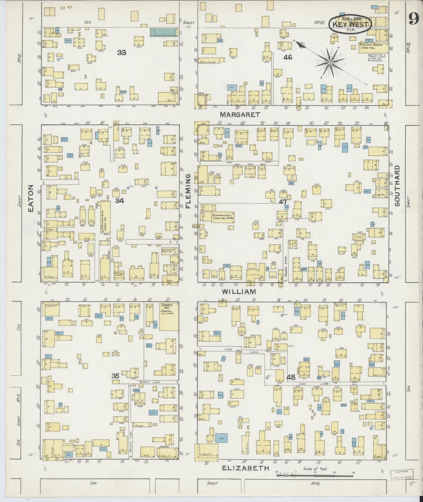 Sanborn Fire Insurance Map from Key West, Monroe County, Florida (1892), Sheet #0009 - Complete Map Set gallery image, historic Sanborn map, vintage wall art, Florida Florida