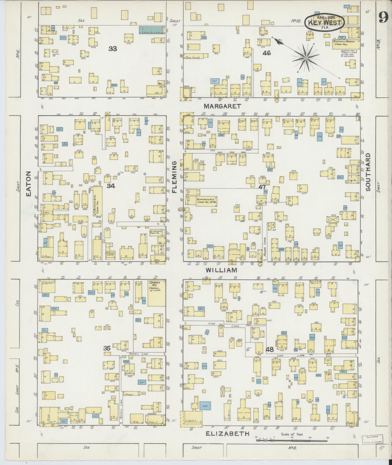 Sanborn Fire Insurance Map from Key West, Monroe County, Florida (1892), Sheet #0009 - Complete Map Set gallery image, historic Sanborn map, vintage wall art, Florida Florida