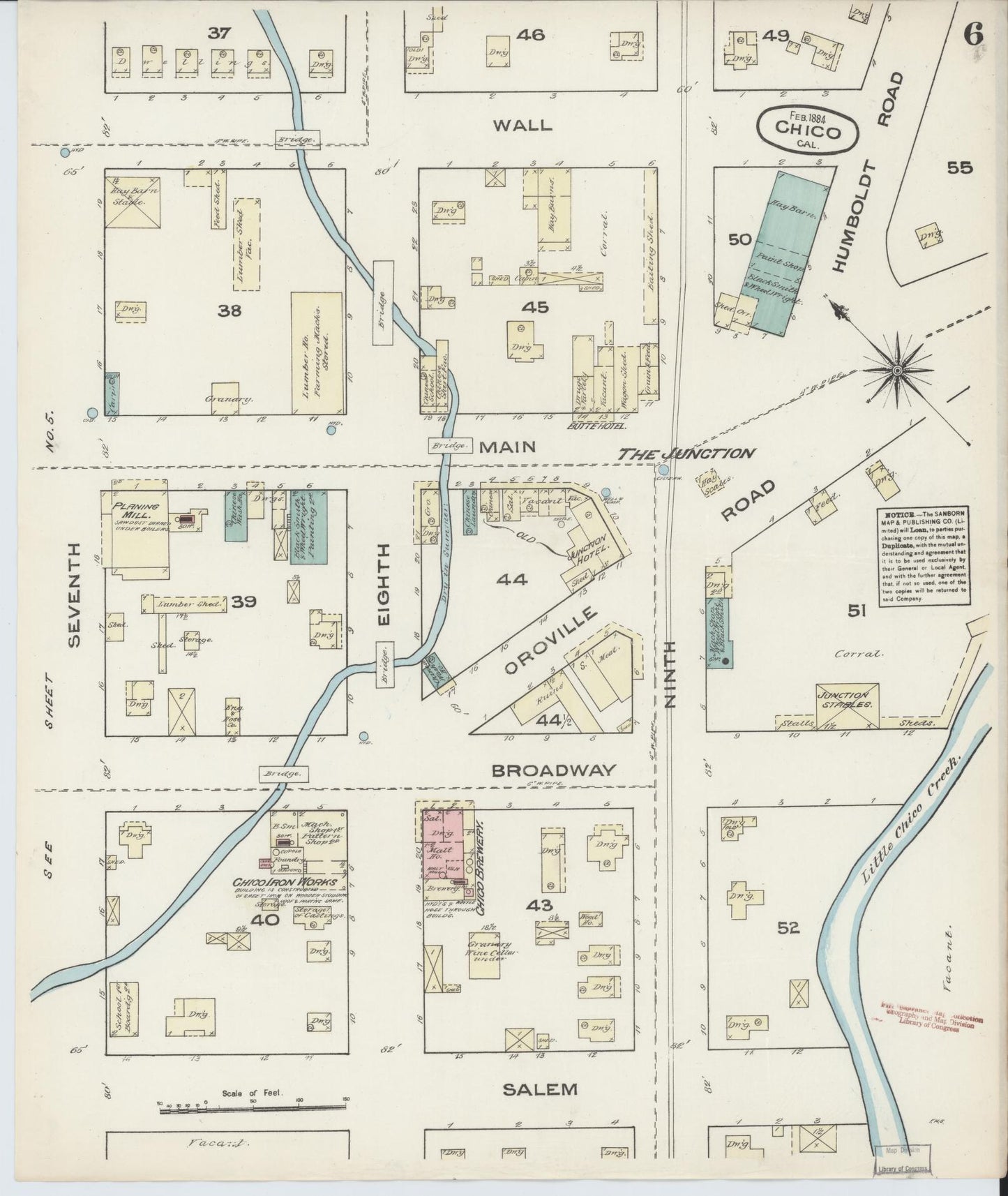 Sanborn Fire Insurance Map from Chico, Butte County, California (1884), Sheet #0006 - Historic Sanborn Fire Insurance Map Print, vintage old map wall art, antique decor, genealogy gift, California California map