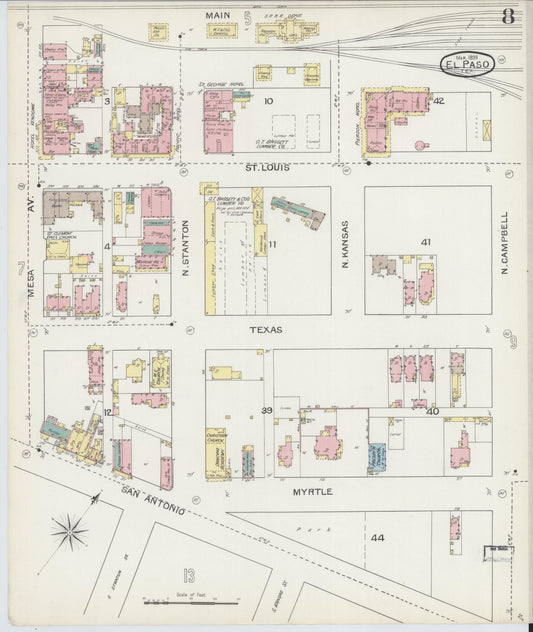 Sanborn Fire Insurance Map from El Paso, El Paso County, Texas (1893), Sheet #0008 - Historic Sanborn Fire Insurance Map Print, vintage old map wall art, antique decor, genealogy gift, Texas Texas map