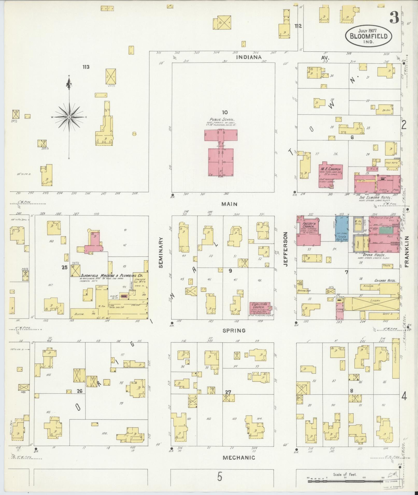 Sanborn Fire Insurance Map from Bloomfield, Greene County, Indiana (1907), Sheet #0003 - Historic Sanborn Fire Insurance Map Print, vintage old map wall art, antique decor, genealogy gift, Indiana Indiana map