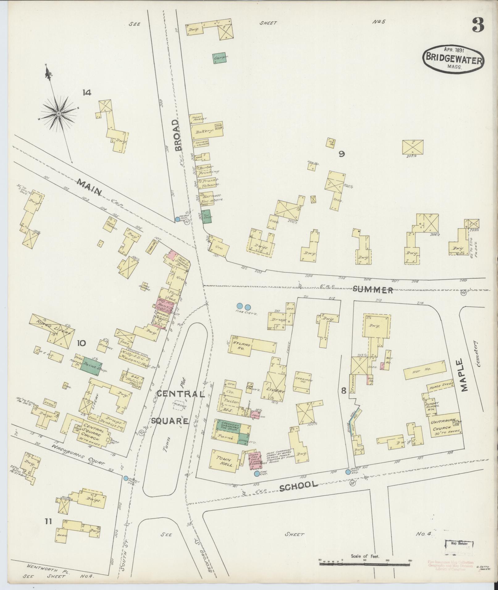 Sanborn Fire Insurance Map from Bridgewater, Plymouth County, Massachusetts (1891), Sheet #0003 - Complete Map Set gallery image, historic Sanborn map, vintage wall art, Massachusetts Massachusetts