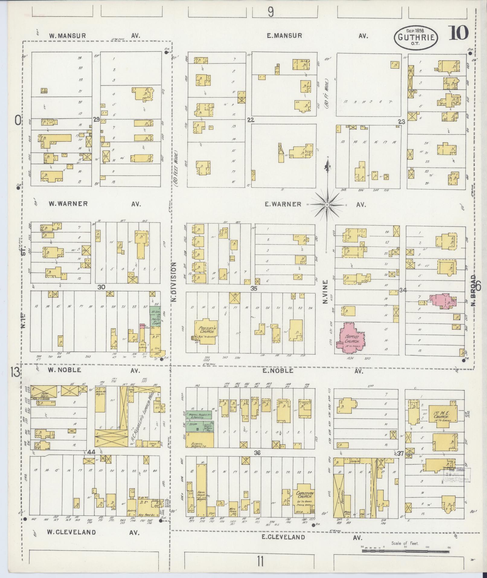 Sanborn Fire Insurance Map from Guthrie, Logan County, Oklahoma (1898), Sheet #0010 - Historic Sanborn Fire Insurance Map Print, vintage old map wall art, antique decor, genealogy gift, Oklahoma Oklahoma map