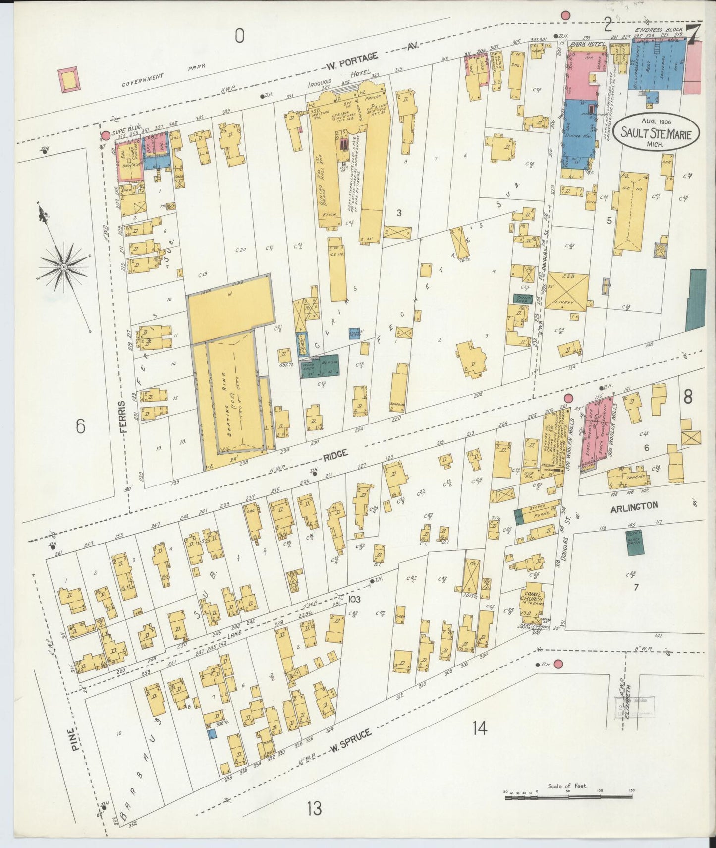 Sanborn Fire Insurance Map from Sault Sainte Marie, Chippewa County, Michigan (1906), Sheet #0007 - Historic Sanborn Fire Insurance Map Print, vintage old map wall art, antique decor, genealogy gift, Michigan Michigan map