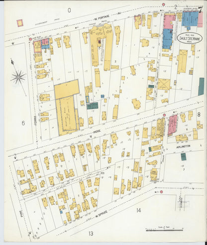Sanborn Fire Insurance Map from Sault Sainte Marie, Chippewa County, Michigan (1906), Sheet #0007 - Historic Sanborn Fire Insurance Map Print, vintage old map wall art, antique decor, genealogy gift, Michigan Michigan map