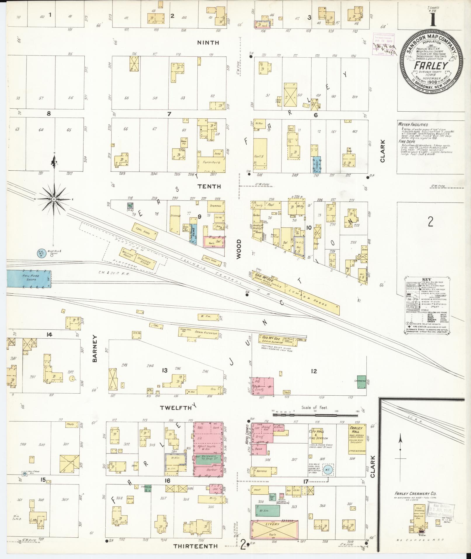 Sanborn Fire Insurance Map from Farley, Dubuque County, Iowa (1908), Sheet #0001 - Historic Sanborn Fire Insurance Map Print, vintage old map wall art