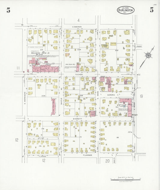 Sanborn Fire Insurance Map from Burlington, Alamance County, North Carolina (1929), Sheet #0005 - Historic Sanborn Fire Insurance Map Print, vintage old map wall art, antique decor, genealogy gift, North Carolina North Carolina map