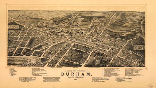 Bird's-eye view of the city of Durham, North Carolina 1891. (1891) – Historic Bird’s-Eye View Panorama Print