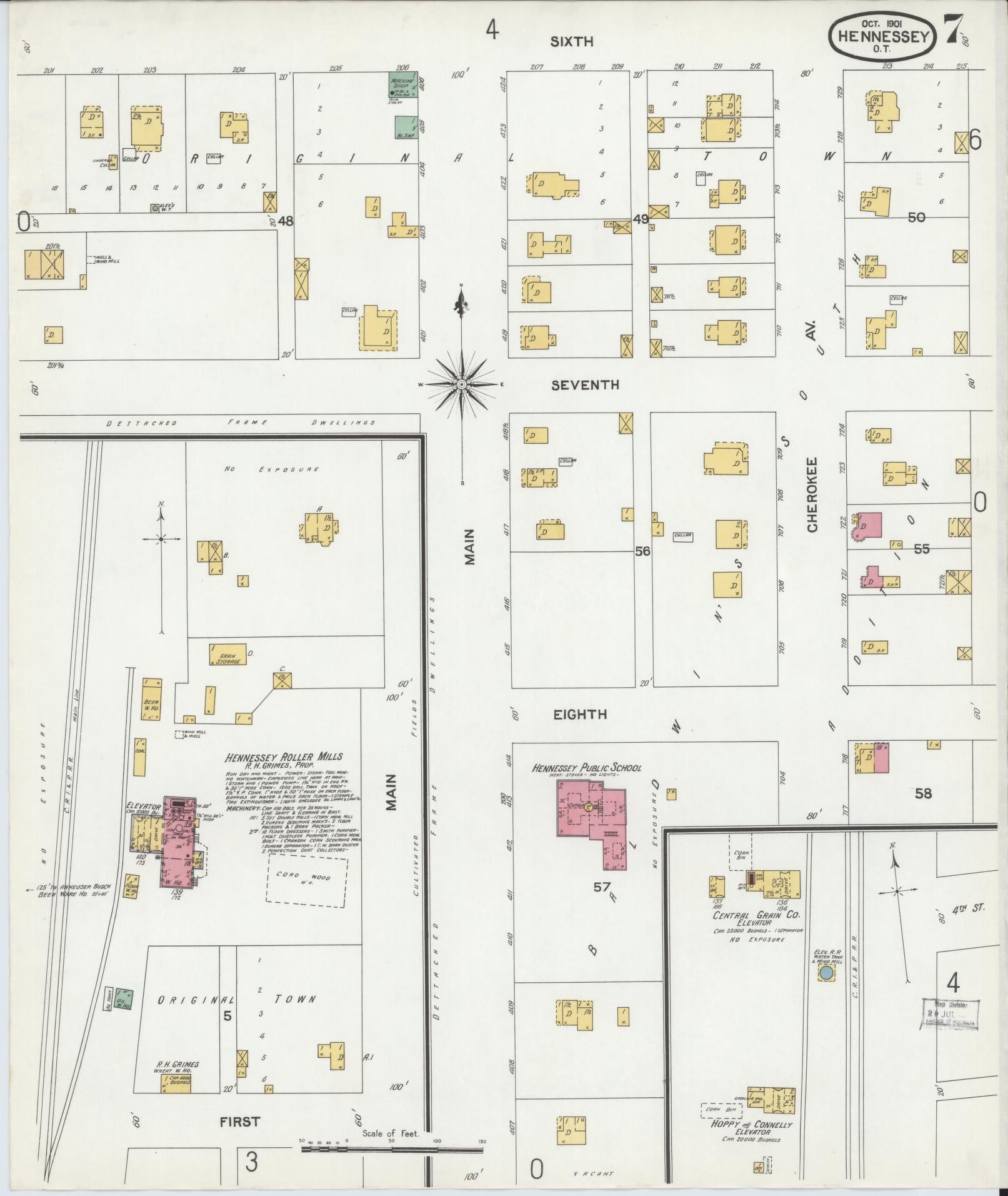 Sanborn Fire Insurance Map from Hennessey, Kingfisher County, Oklahoma (1901), Sheet #0007 - Complete Map Set gallery image, historic Sanborn map, vintage wall art, Oklahoma Oklahoma