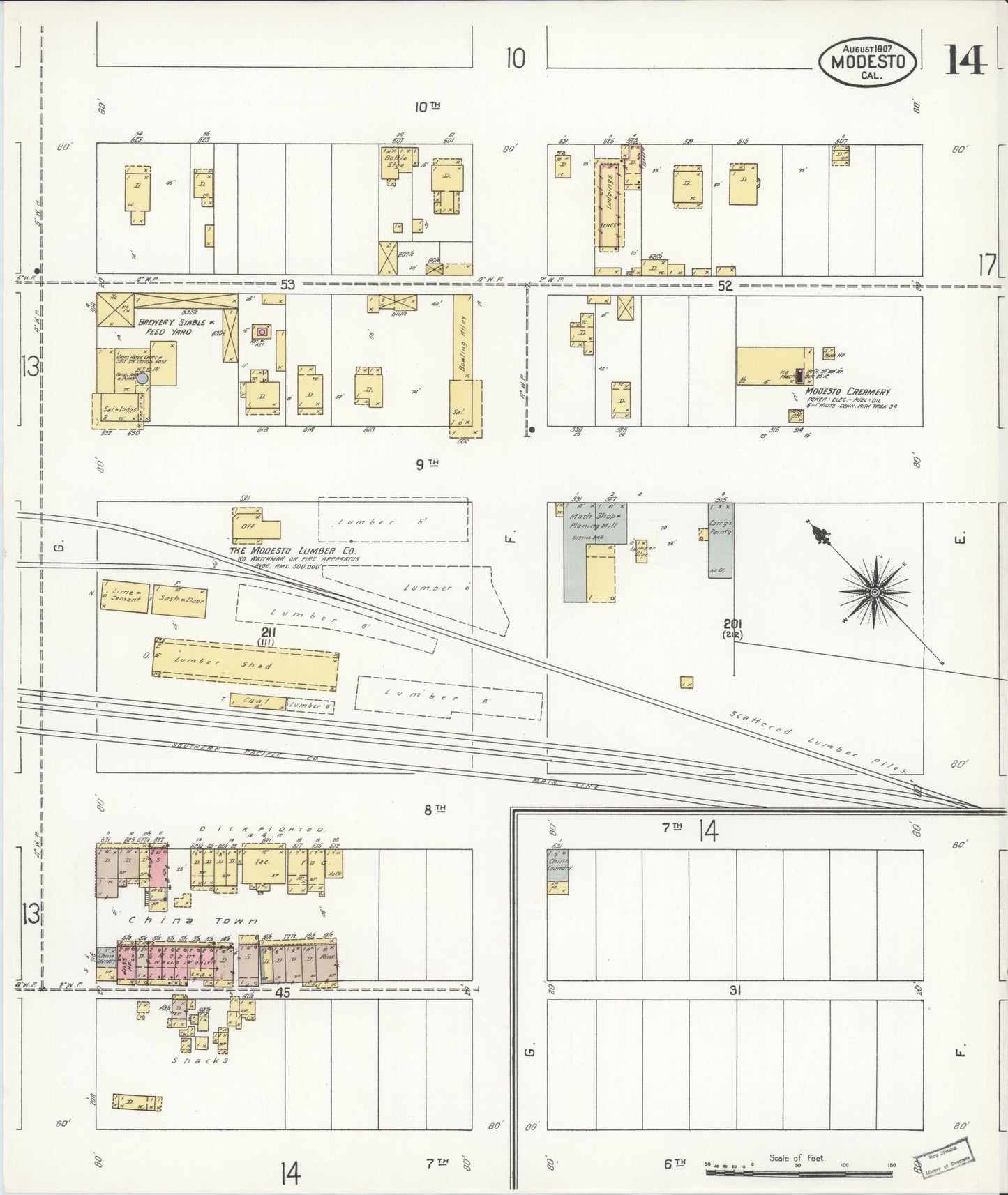 Sanborn Fire Insurance Map from Modesto, Stanislaus County, California (1907), Sheet #0014 - Complete Map Set gallery image, historic Sanborn map, vintage wall art, California California