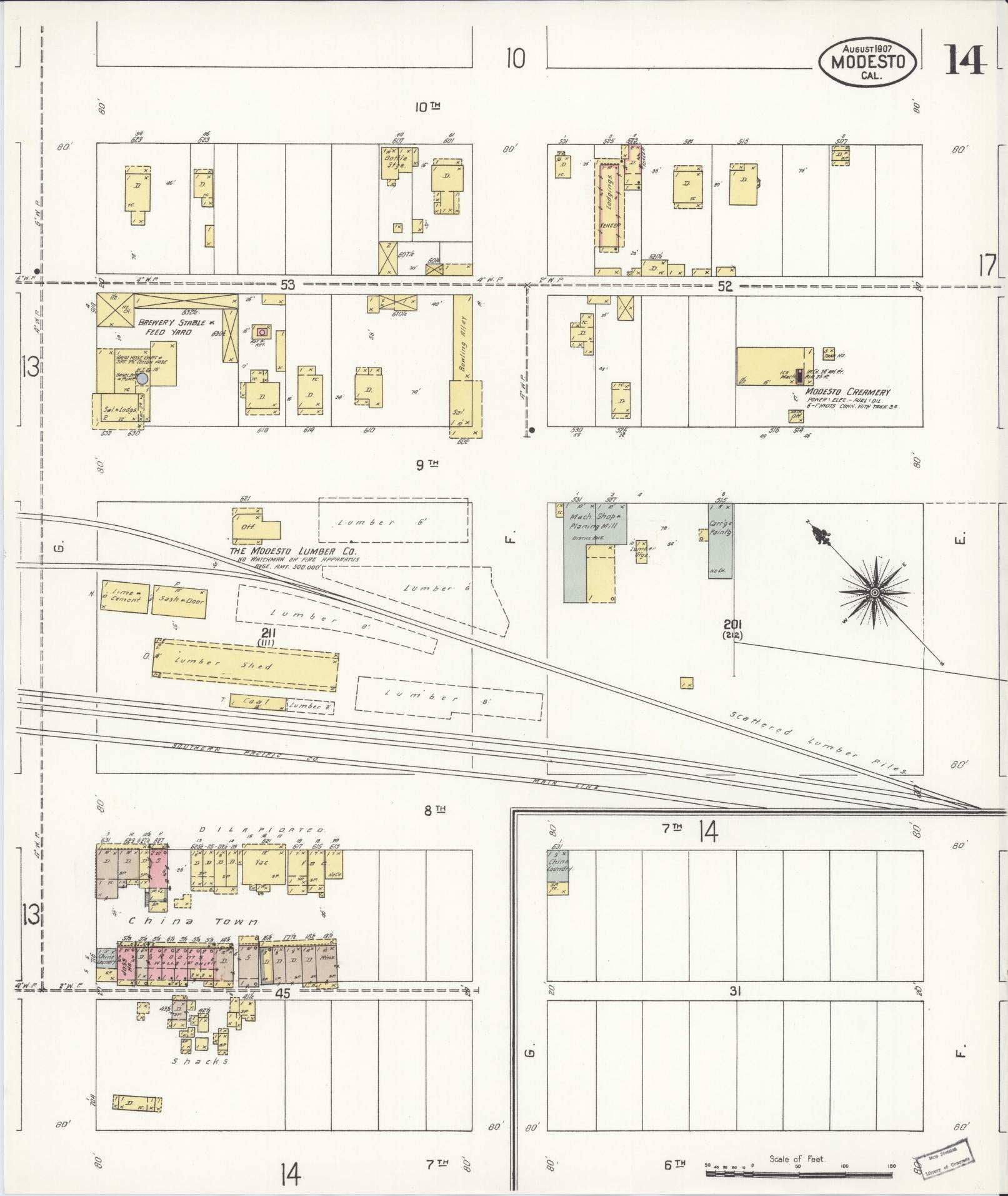 Sanborn Fire Insurance Map from Modesto, Stanislaus County, California (1907), Sheet #0014 - Complete Map Set gallery image, historic Sanborn map, vintage wall art, California California