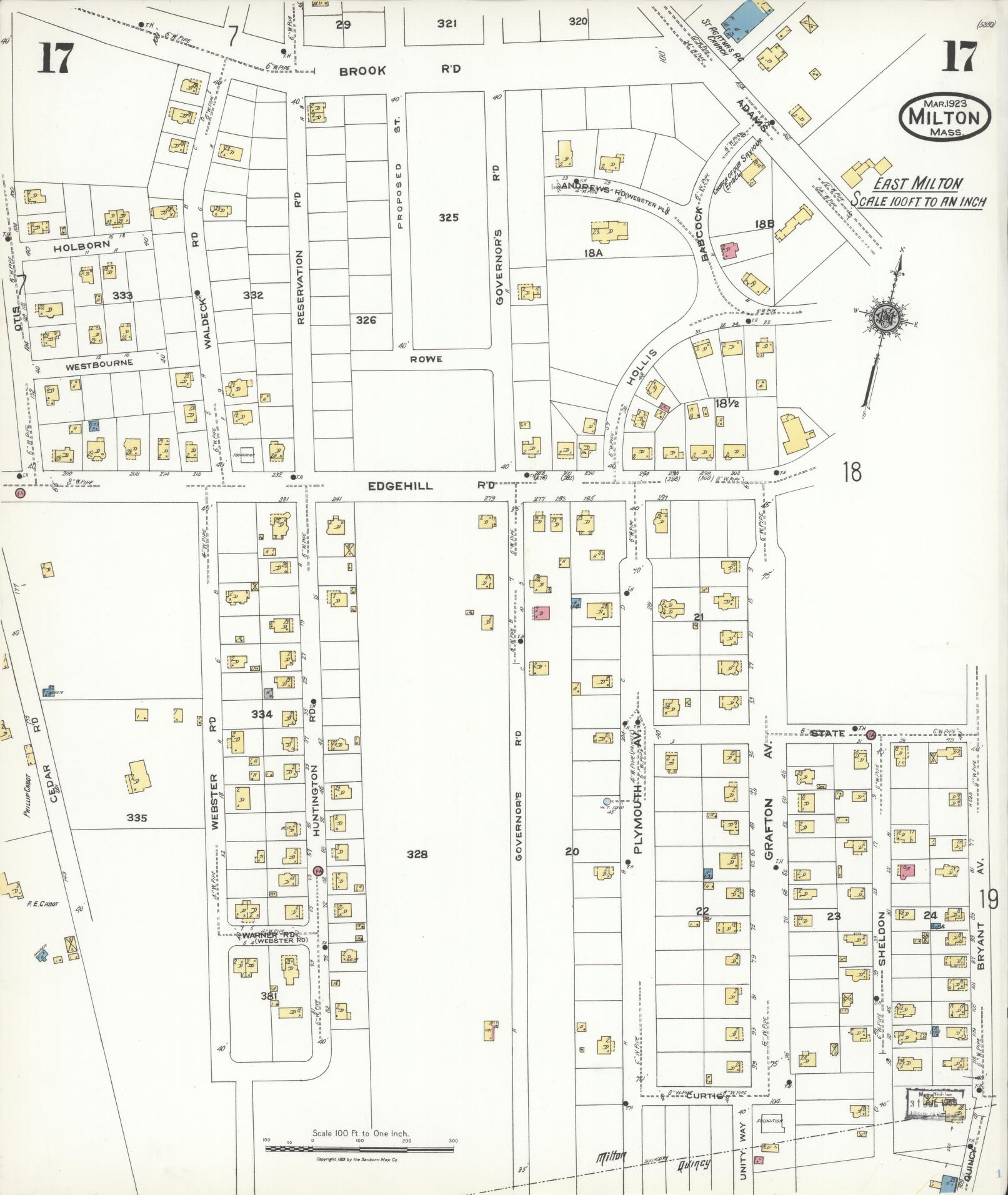 Sanborn Fire Insurance Map from Milton, Norfolk County, Massachusetts (1923), Sheet #0017 - Complete Map Set gallery image, historic Sanborn map, vintage wall art, Massachusetts Massachusetts