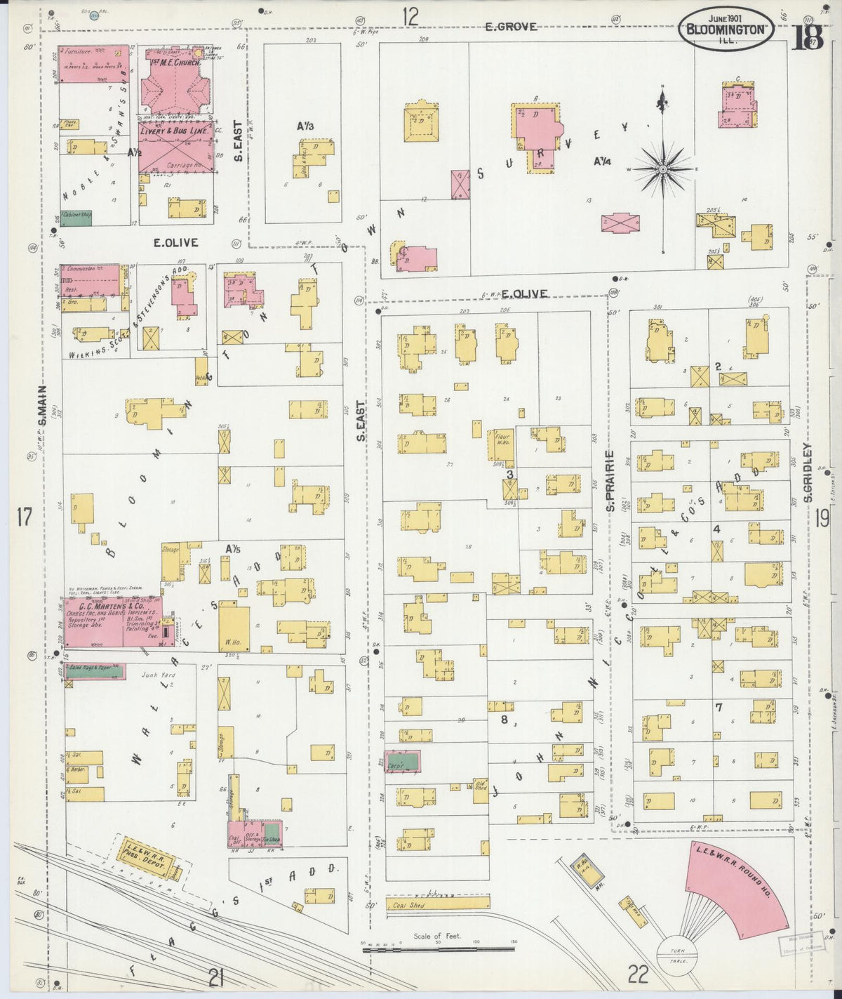 Sanborn Fire Insurance Map from Bloomington, McLean County, Illinois (1901), Sheet #0018 - Complete Map Set gallery image, historic Sanborn map, vintage wall art, Illinois Illinois