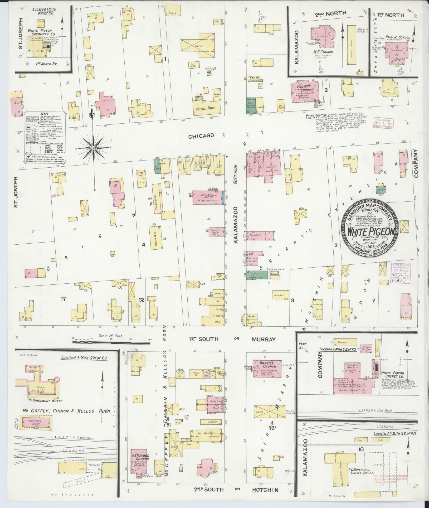 Sanborn Fire Insurance Map from White Pigeon, Saint Joseph County, Michigan (1908), Sheet #0001 - Historic Sanborn Fire Insurance Map Print, vintage old map wall art, antique decor, genealogy gift, Michigan Michigan map