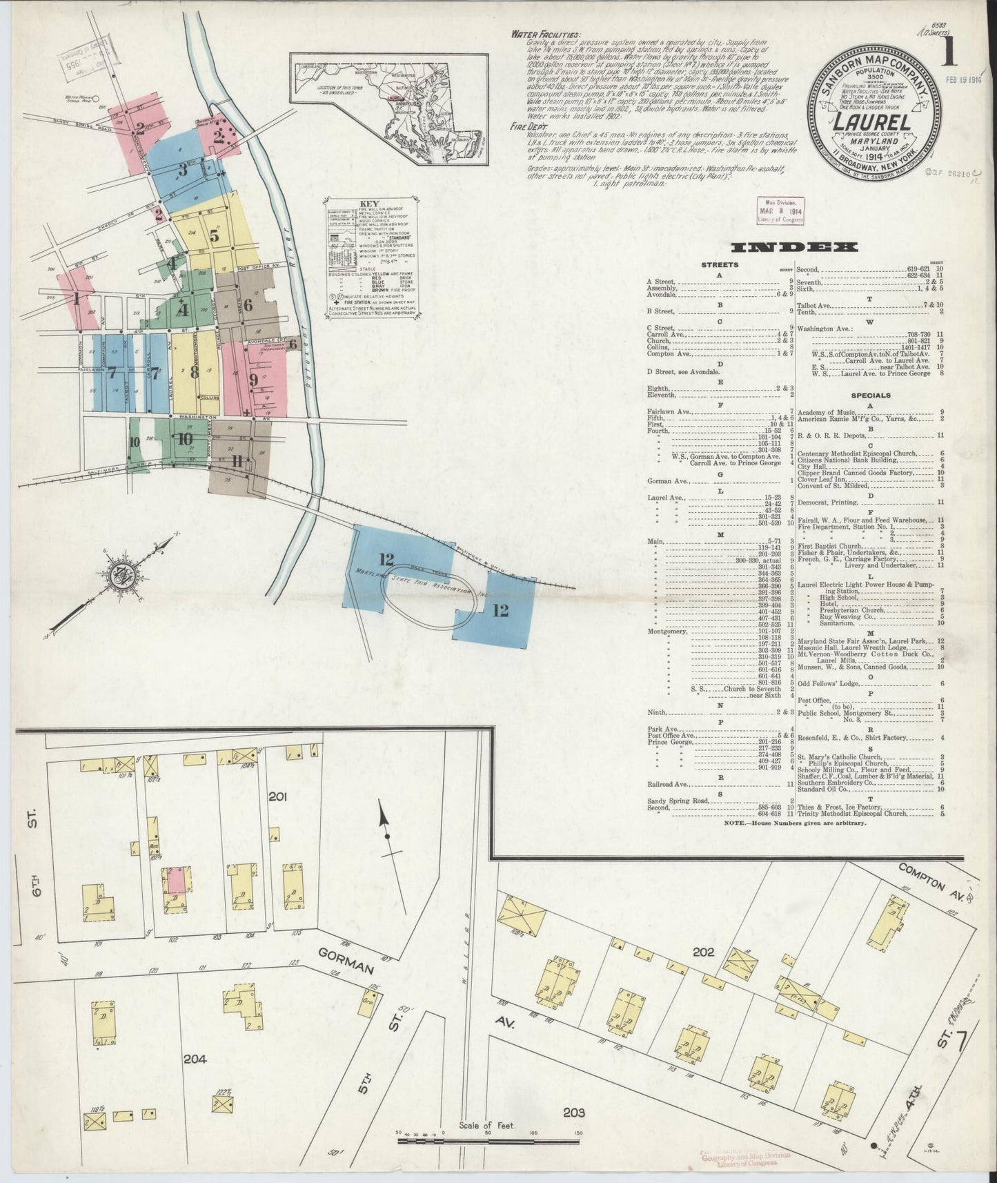 Sanborn Fire Insurance Map from Laurel, Prince Georges County, Maryland (1914), Sheet #0001 - Complete Map Set gallery image, historic Sanborn map, vintage wall art, Maryland Maryland