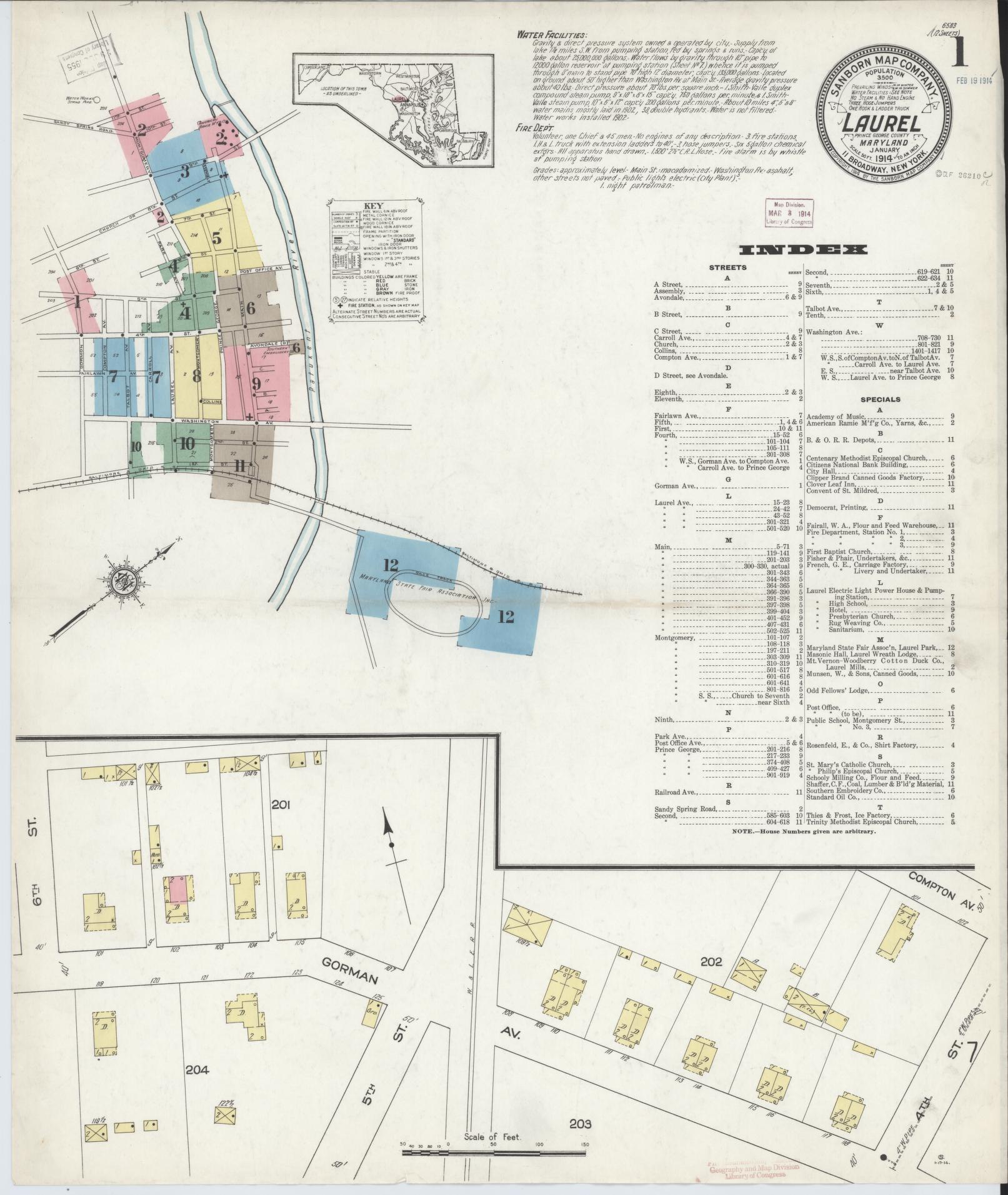 Sanborn Fire Insurance Map from Laurel, Prince Georges County, Maryland (1914), Sheet #0001 - Complete Map Set gallery image, historic Sanborn map, vintage wall art, Maryland Maryland