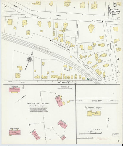 Sanborn Fire Insurance Map from Concord, Middlesex County, Massachusetts (1909), Sheet #0003 - Historic Sanborn Fire Insurance Map Print, vintage old map wall art, antique decor, genealogy gift, Massachusetts Massachusetts map