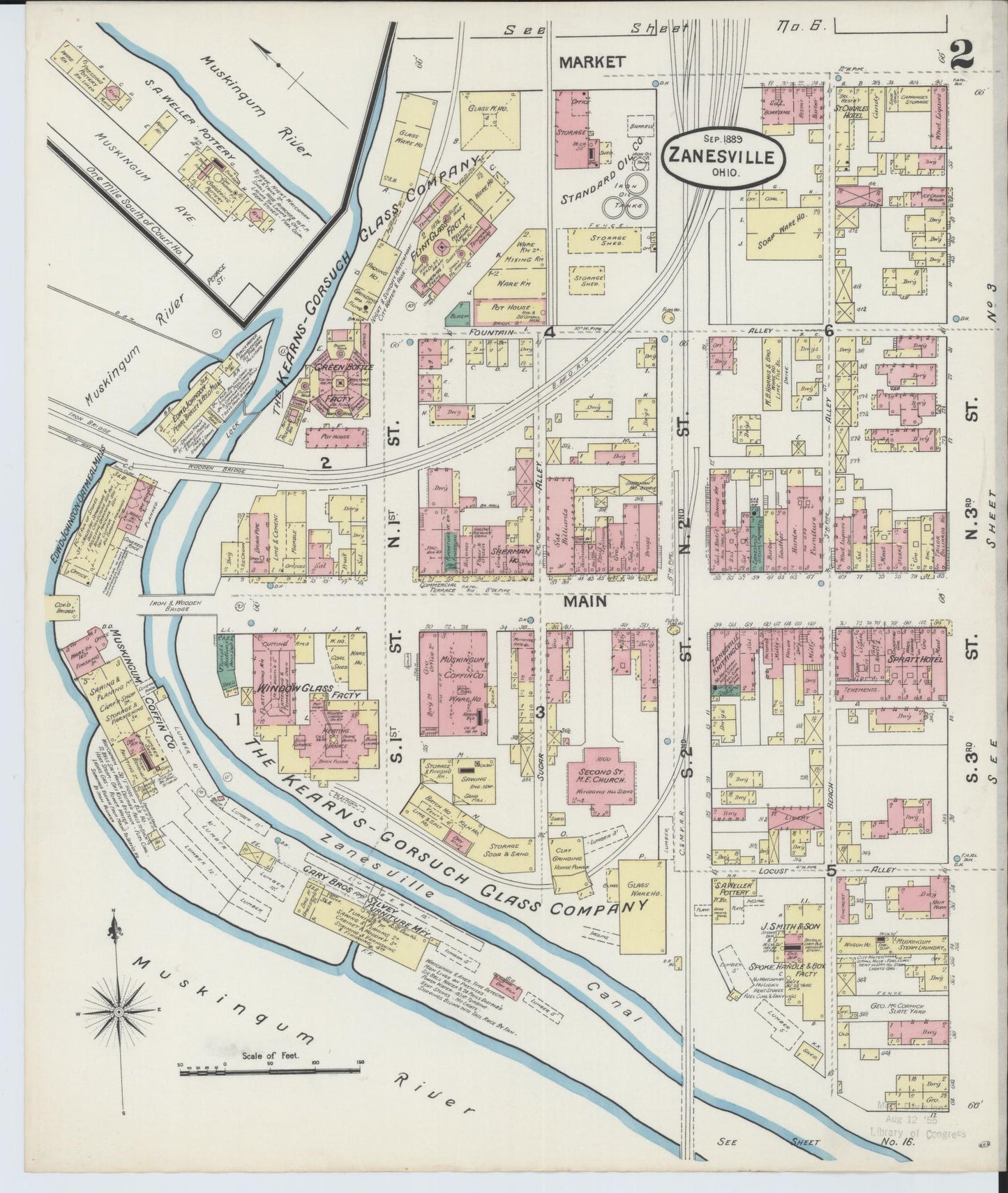 Sanborn Fire Insurance Map from Zanesville, Muskingum County, Ohio (1889), Sheet #0002 - Complete Map Set gallery image, historic Sanborn map, vintage wall art, Ohio Ohio
