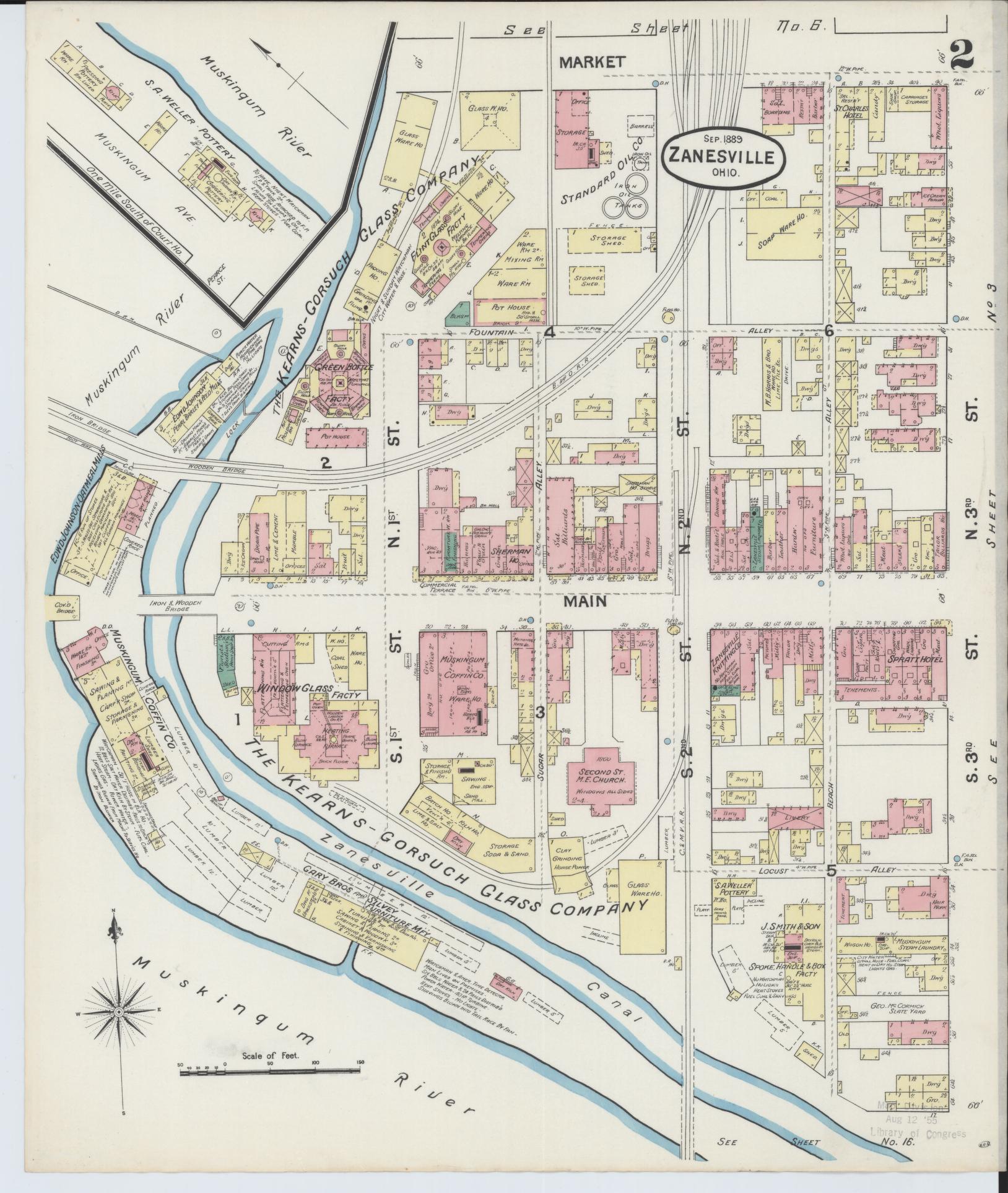 Sanborn Fire Insurance Map from Zanesville, Muskingum County, Ohio (1889), Sheet #0002 - Complete Map Set gallery image, historic Sanborn map, vintage wall art, Ohio Ohio