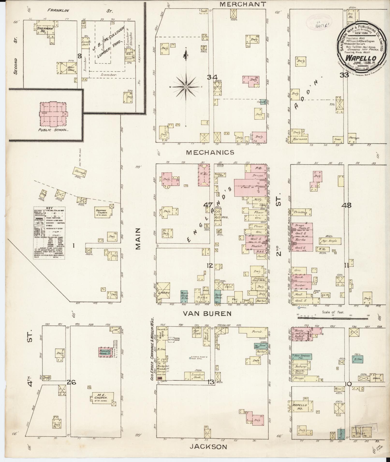 Sanborn Fire Insurance Map from Wapello, Louisa County, Iowa (1886), Sheet #0001 - Historic Sanborn Fire Insurance Map Print, vintage old map wall art