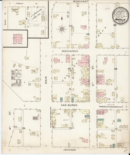 Sanborn Fire Insurance Map from Wapello, Louisa County, Iowa (1886), Sheet #0001 - Historic Sanborn Fire Insurance Map Print, vintage old map wall art